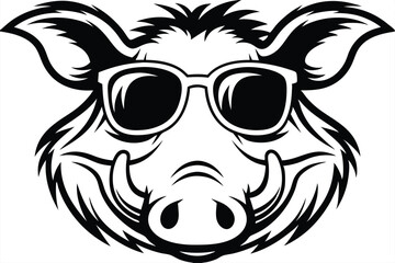 Outlined wild boar face wears sunglasses in a bold, eye catching black and white