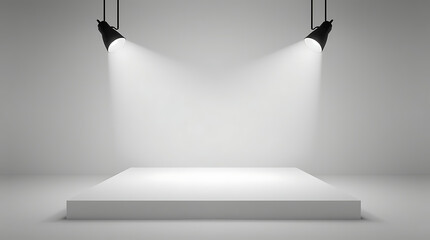 Minimalist presentation stage with spotlights creates clean, modern backdrop for product promos, branding mockups, and stylish showcase displays for advertising needs