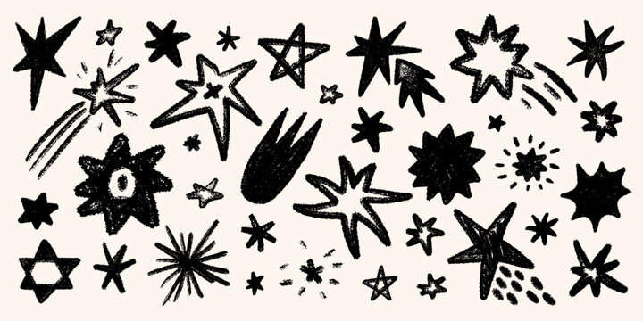 Hand drawn crayon star set with sketch texture in black, including doodle stars, comets and bursts in chalk style. Crayon star illustration with sketch texture. Great for stickers, posters, prints.