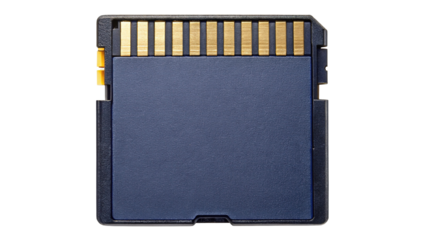 Close up view of a blue sd card with gold contacts isolated on transparent background