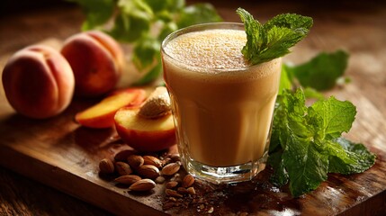 A wooden cutting board with peach milkshake glass, fresh mint, and peach pit detail