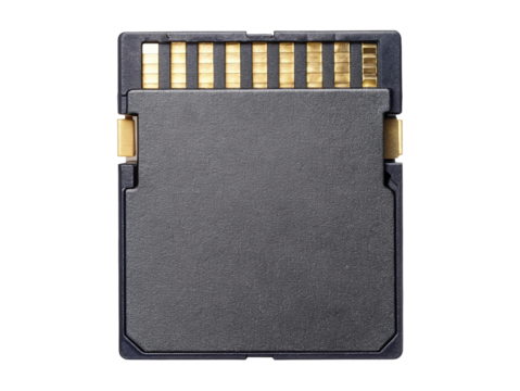 Close up view of a micro sd card with gold contacts and textured surface isolated on transparent background