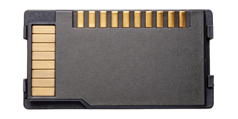 Close up macro view of a micro secure digital sd card with gold contacts isolated on transparent background