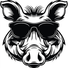 Obraz premium shows a cool hog animal wearing stylish sunglasses in black and white