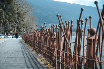 Rustic Twisted Metal Railing by Lake Pamvotida in Ioannina, Greece