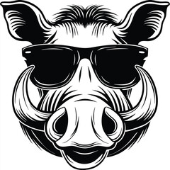 Wild boar with tusks wears cool sunglasses in a bold black and white graphic
