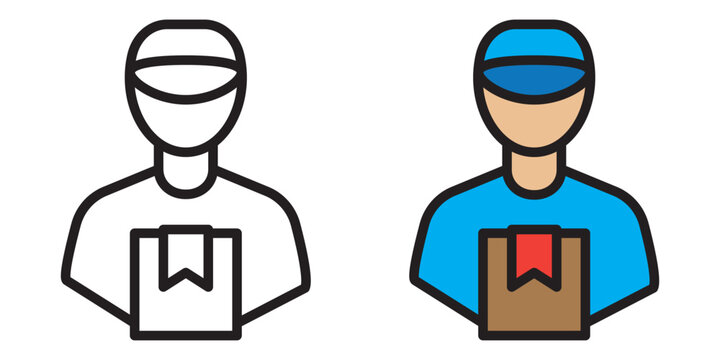 Delivery man icon set in line and solid style. Courier, parcel, and fast shipping symbols for logistics and delivery services. Line icons with editable stroke, isolated on transparent background. - Powered by Adobe