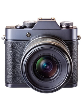 Classic vintage style digital camera with textured grip and large lens isolated on transparent background