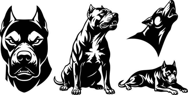 Black and white pitbull dog vector illustration showing head profile sitting howling and lying poses