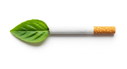 Healthy green leaf replacing the filter of a cigarette, eco-health symbolism, isolated on white.