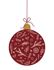 Christmas vector red ball with holiday decorative elements. Hand drawn design with whimsical doodle illustrations.