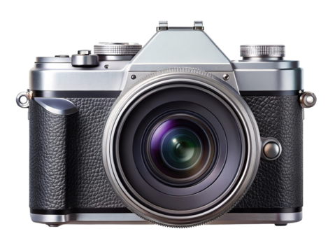 Vintage silver and black film camera with a large lens isolated on transparent background