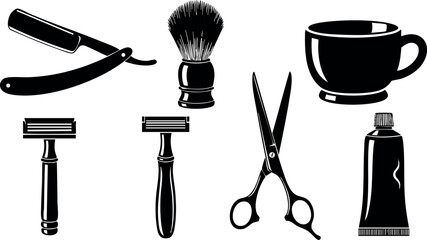 Barbershop tools set shaving brush razor scissors cup tube black silhouette vector illustration