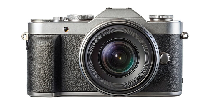 Vintage silver and black digital camera with a large lens isolated on transparent background