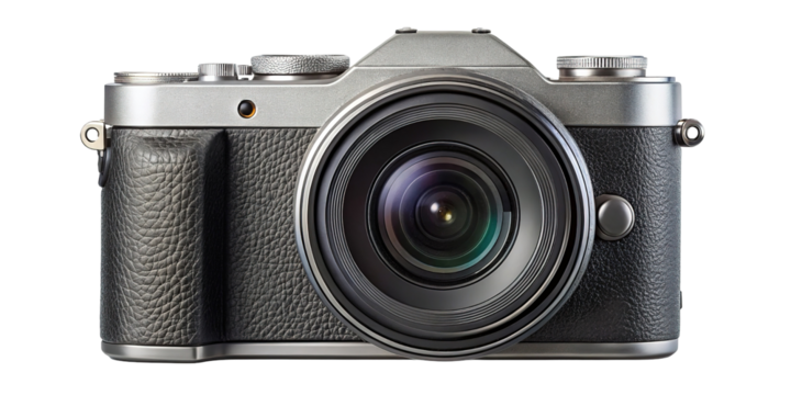 Vintage silver and black digital camera with a large lens isolated on transparent background
