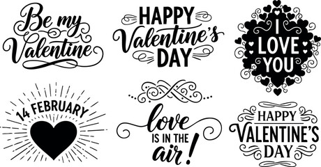 Valentine typography love heart happy romantic messages decorative design elements vector illustration
