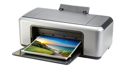 A silver inkjet printer is actively printing a vibrant landscape photograph on a transparent background isolated on transparent background