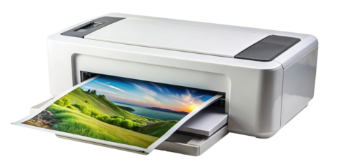 White multifunction printer printing a colorful landscape photo isolated on transparent background