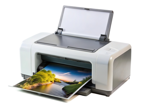 A white inkjet printer is shown printing a vibrant landscape photograph on a transparent background isolated on transparent background