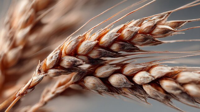 A macro of dried wheat stalks, blurred neutral backdrop