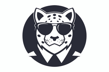Obraz premium Spotted jaguar wearing sunglasses and a formal suit looks cool against a dark circle