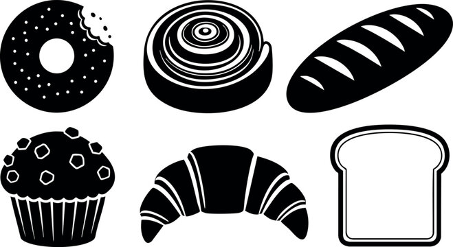 Black and white icons of various bakery bread and pastry items vector illustration