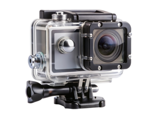 Waterproof action camera with protective housing and mounting bracket isolated on transparent background
