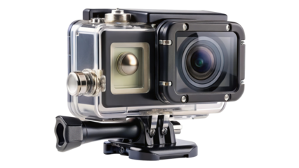 Action camera in waterproof housing with mounting bracket isolated on transparent background