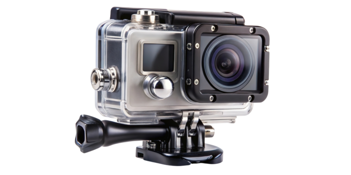 Action camera in waterproof housing with mounting bracket isolated on transparent background