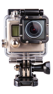 Close up of a waterproof action camera with its protective casing and mounting bracket isolated on transparent background