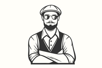 Stylish man with mustache wearing sunglasses and cap poses confidently with arms crossed