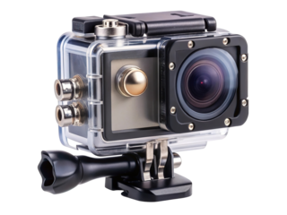 Rugged waterproof action camera with protective case and mounting bracket isolated on transparent background
