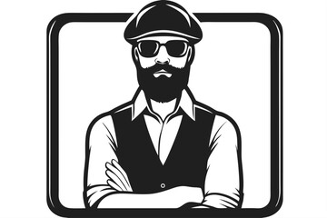 Serious man with a beard wearing sunglasses and cap stands confidently within a frame
