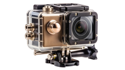 Rugged action camera in a protective waterproof housing with mounting bracket isolated on transparent background