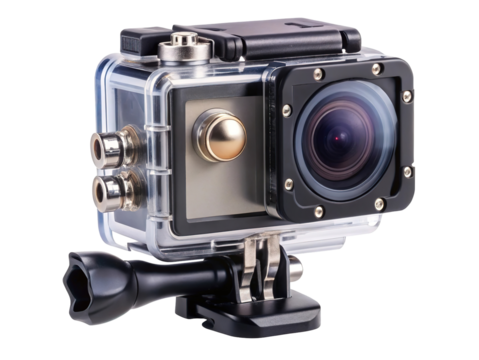 Rugged waterproof action camera with protective case and mounting bracket isolated on transparent background
