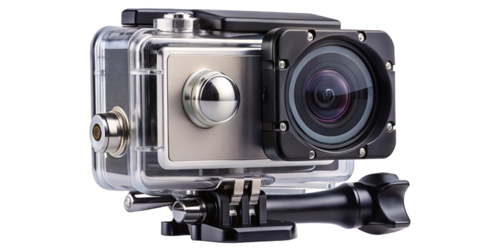 Action sports camera with waterproof housing and mounting bracket isolated on transparent background