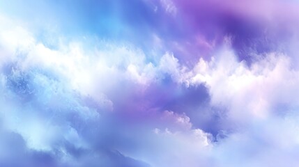 A vibrant display of colorful clouds spreads across the sky during sunset creating a peaceful atmosphere. The soft hues of purple and blue blend beautifully making for a serene view.