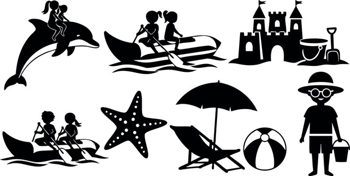 Beach vacation silhouettes dolphin sandcastle children umbrella starfish bucket beach ball vector illustration