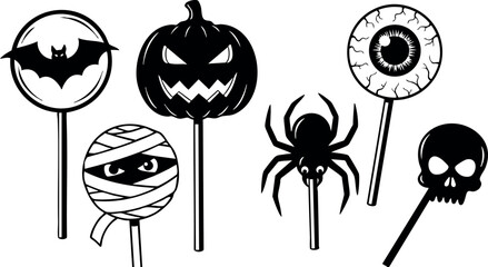 Halloween candy lollipops with pumpkin spider mummy skull and eyeball designs vector illustration spooky treats for party decoration