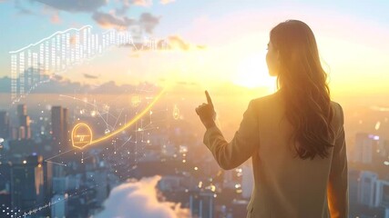 Woman Analyzing Financial Data Over Cityscape at Sunset - Powered by Adobe