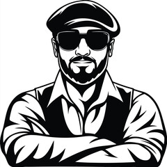 Monochrome illustration of a bearded man wearing sunglasses and a cap stands with arms crossed