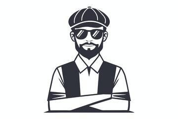 Stylish man with newsboy cap and sunglasses stands confidently with his arms crossed