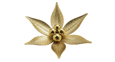 Golden Christmas Poinsettia Decoration with Textured Leaves and Shiny Spheres on a Transparent Background PNG Image