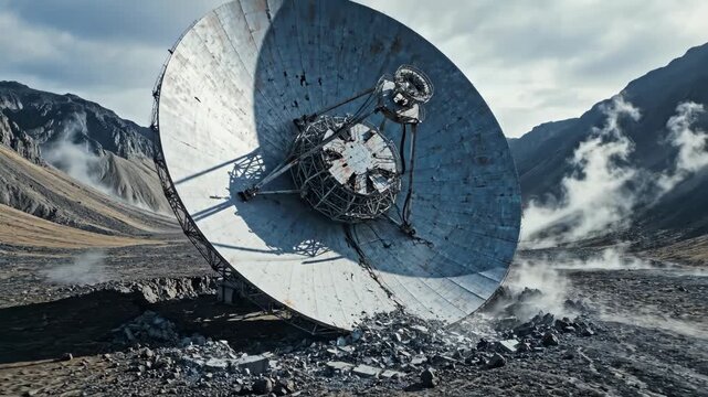 Satellite dish collapsing amid post-apocalyptic ruins. Parabolic antenna tumbling down rocky mountainside in steaming volcanic terrain. Destruction sequence of abandoned technology in desolate