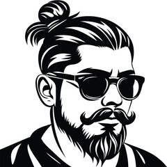 Portrait features a stylish man with beard, mustache and bun hairstyle wearing sunglasses