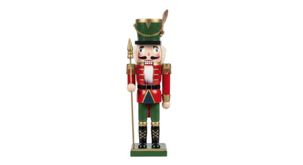 Naklejka premium Nutcracker soldier figurine in traditional uniform holding a spear on a transparent background, PNG image, PNG file