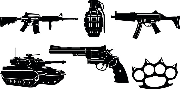 Military weapons collection vector illustration with assault rifle grenade pistol revolver tank and knuckle dusters silhouette