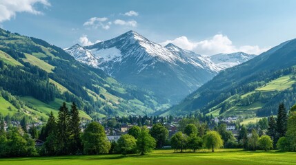 Scenic alpine village nestled in a lush valley with snow-capped mountain peaks under a clear blue sky. Beautiful mountain landscape.