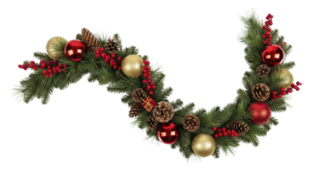 Elegant Festive Christmas Garland with Red Gold Ornaments Berries Pinecones on a transparent background, PNG image, PNG file