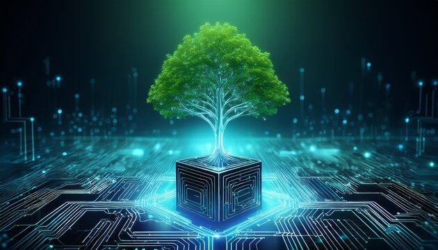 tree growing on a digital circuit cube digital and technology convergence with a blue light and wireframe network background green computing green technology green it and csr concept